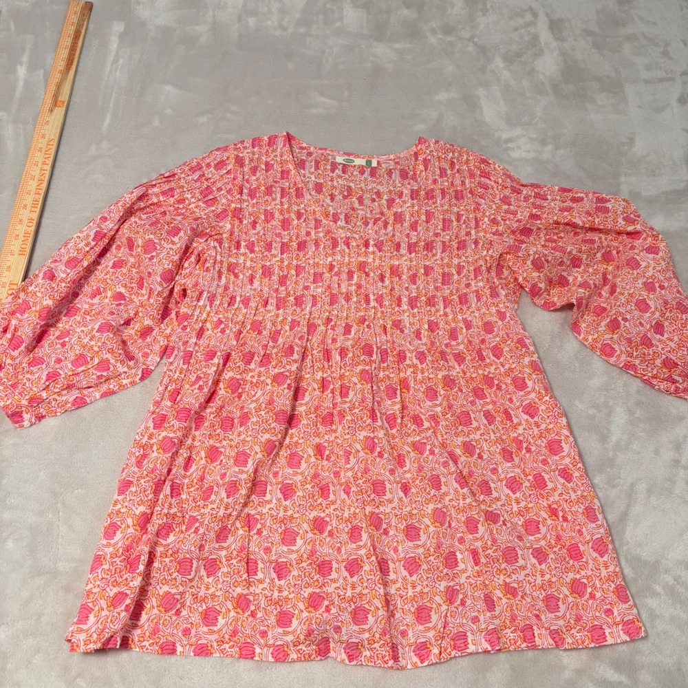 Dolma Floral Block Print Smocked Blouse Women Pink Size L Cotton Puff Sleeve